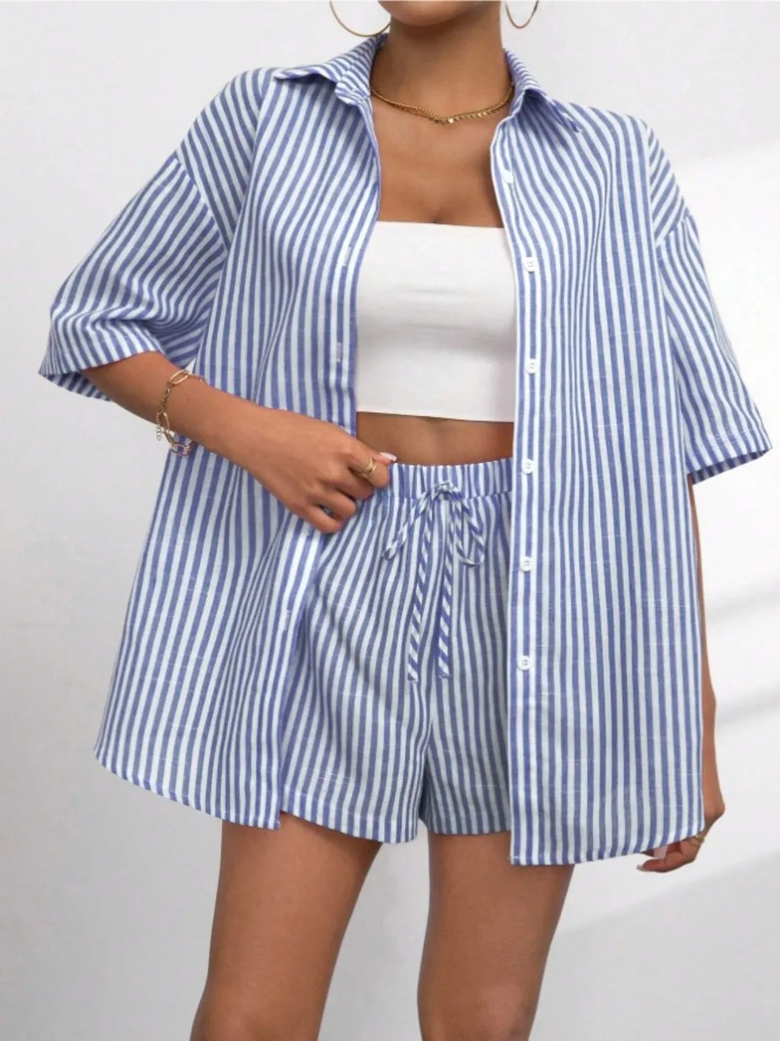 Caitlin Striped Button Up Shirt and Shorts Set