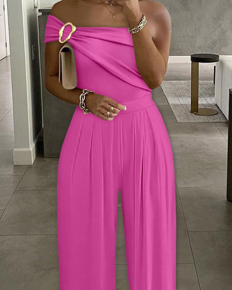 Cold Shoulder Ruched Buckle Wide Leg Jumpsuit