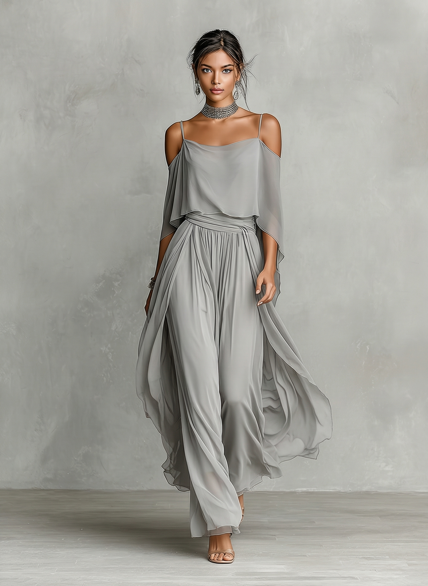 Women's Grey Breathable Chiffon Maxi Dress With Cold-Shoulder Detail & Flared Silhouette,