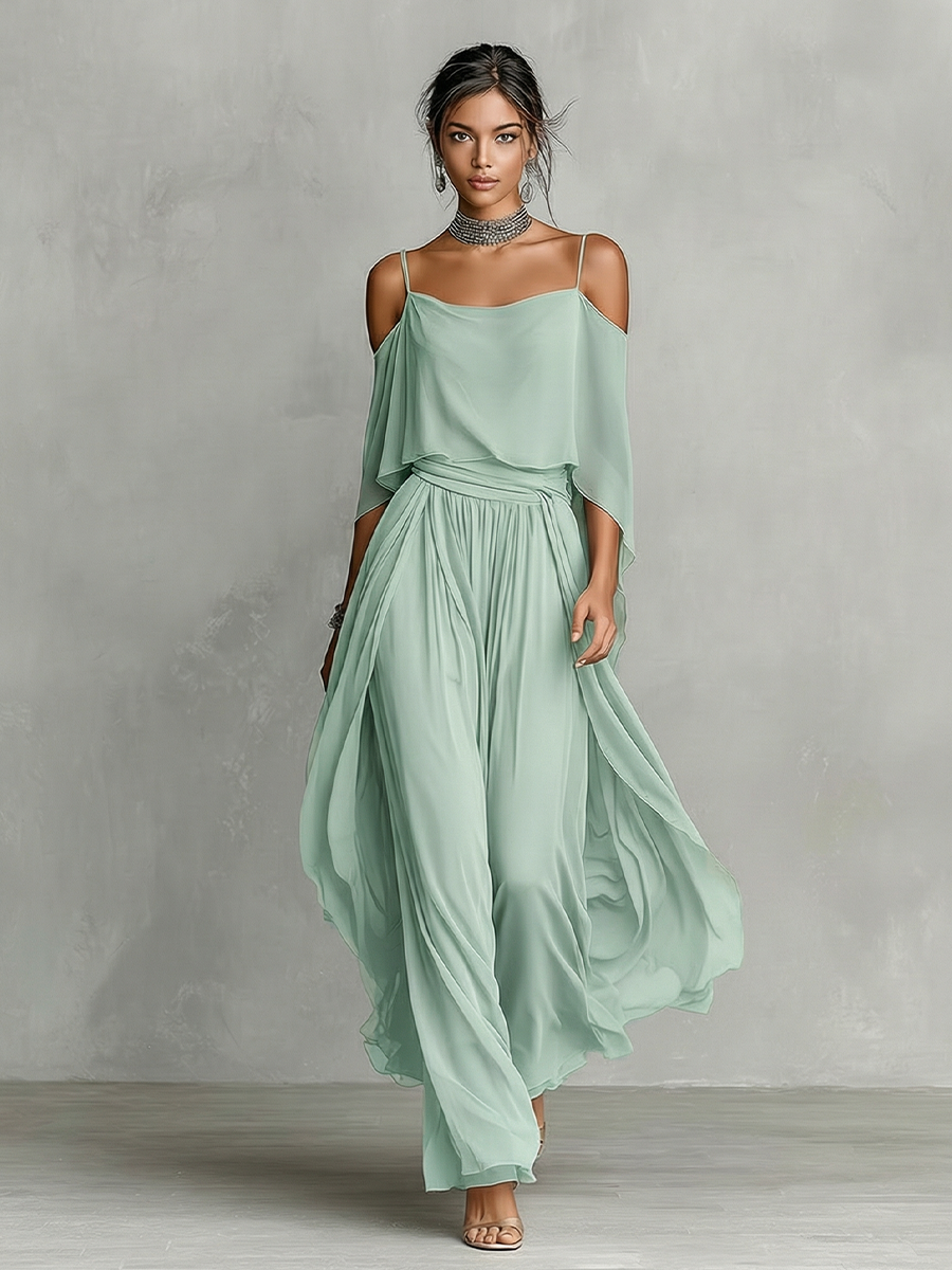 Women's Grey Breathable Chiffon Maxi Dress With Cold-Shoulder Detail & Flared Silhouette,