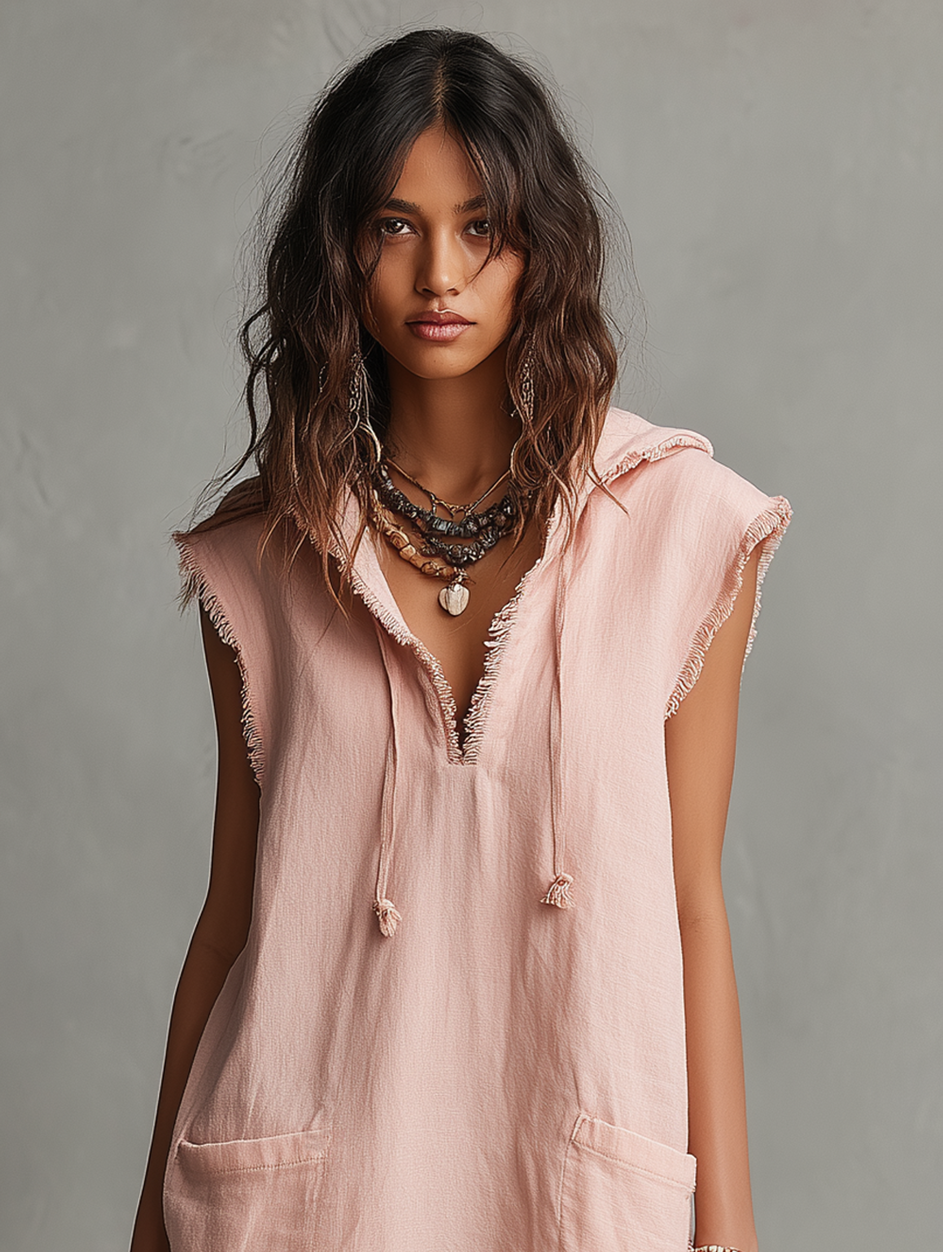 Women's Minimalist Linen-Blend Mini Dress — Hooded, Sleeveless, Raw Hem