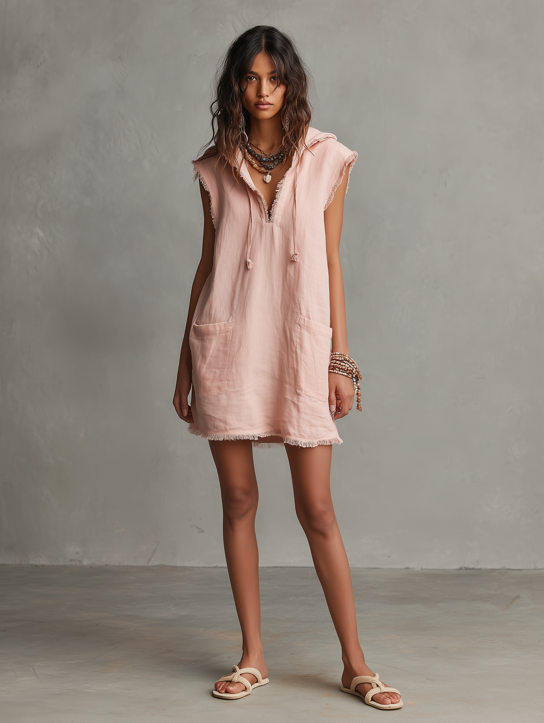 Women's Minimalist Linen-Blend Mini Dress — Hooded, Sleeveless, Raw Hem