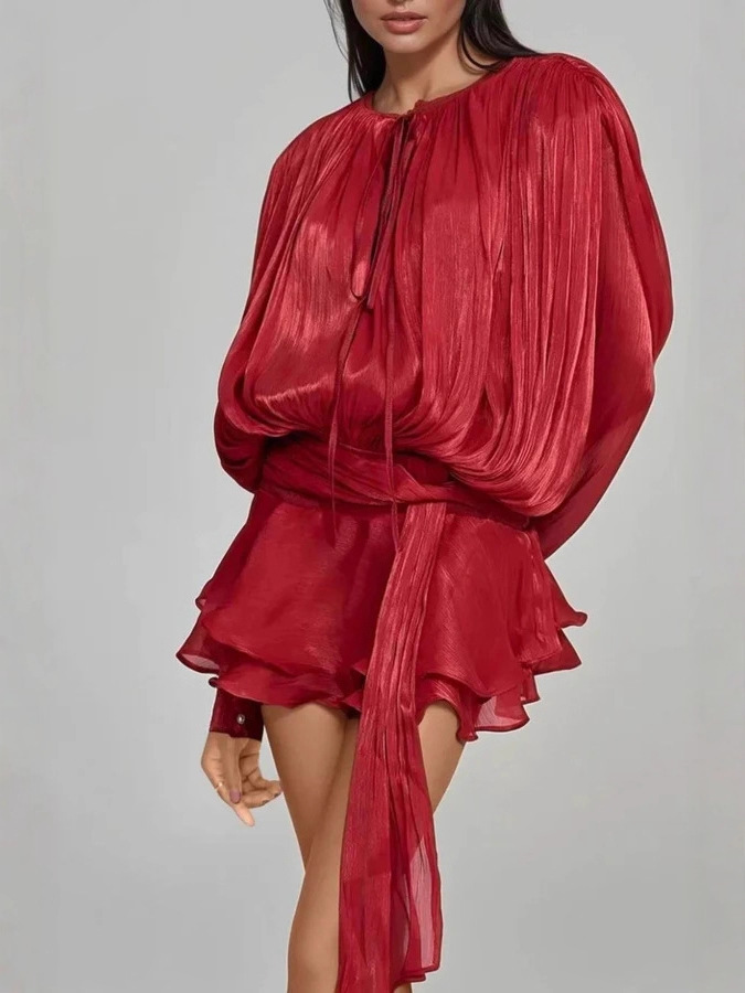 Long Sleeve Draped Ruffle Two Piece Dress Red