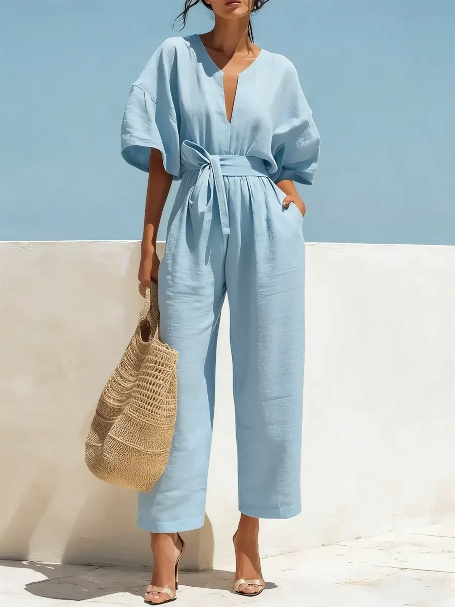 2026 European And American Amazon Cross-Border Independent Station Summer New Elegant And Fashionable V-Neck Solid Color Cotton And Linen Jumpsuit For Women