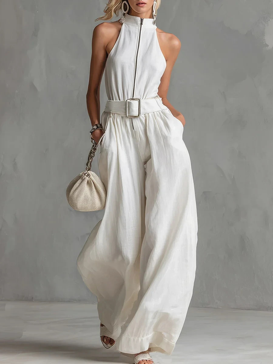 2026 Cross-Border European And American Clothing Summer New Solid Color Elegant Round Neck Halter Belt Jumpsuit For Women