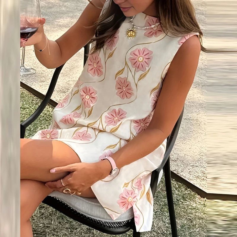 Elegant O-neck Sleeveless Loose Mini Dress 2025 Women Fashion Flower Print Holiday Party Dress Summer Casual Bohemian Vest Dress
