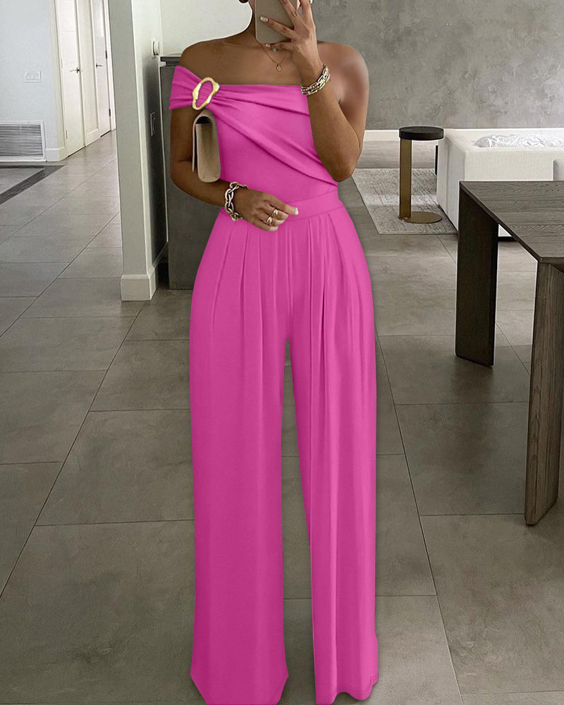 Cold Shoulder Ruched Buckle Wide Leg Jumpsuit