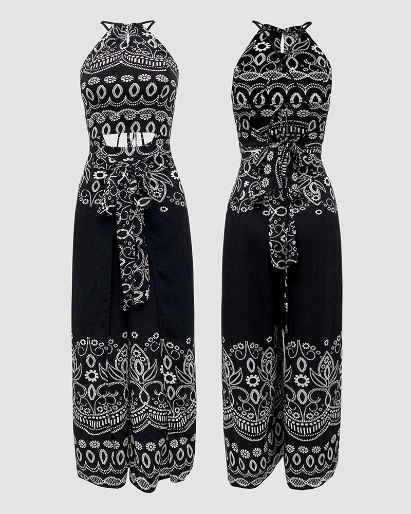 2 Pieces Outfits Tribal Print Keyhole Neck Sleeveless Top and Wide Leg Tied Detail Slit Pants Sets