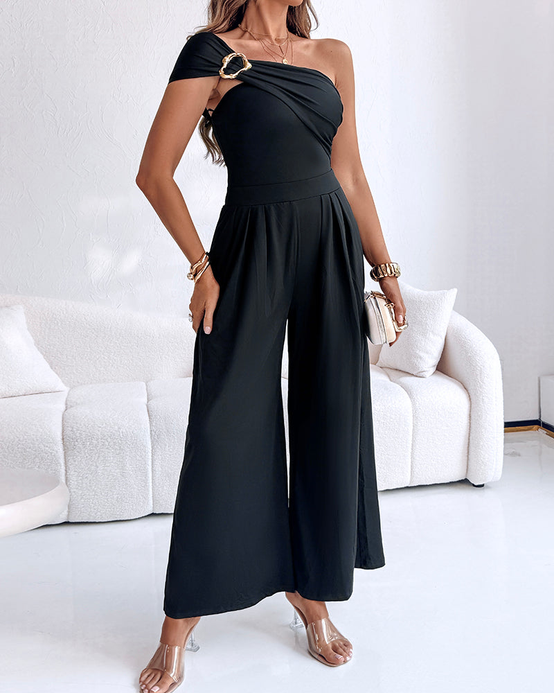 Cold Shoulder Ruched Buckle Wide Leg Jumpsuit