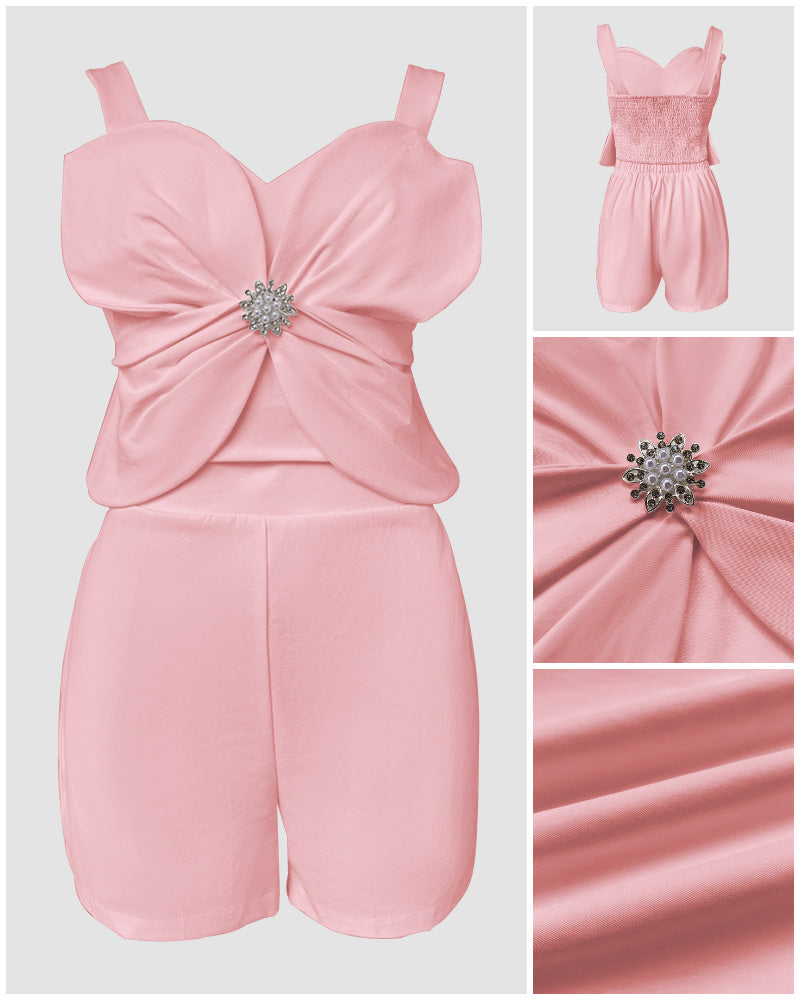 2 Pieces Outfit 3D Flower Decor Sweetheart Neck Thick Straps Shirred Back Crop Top and Casual Elastic Back Waist Shorts Set