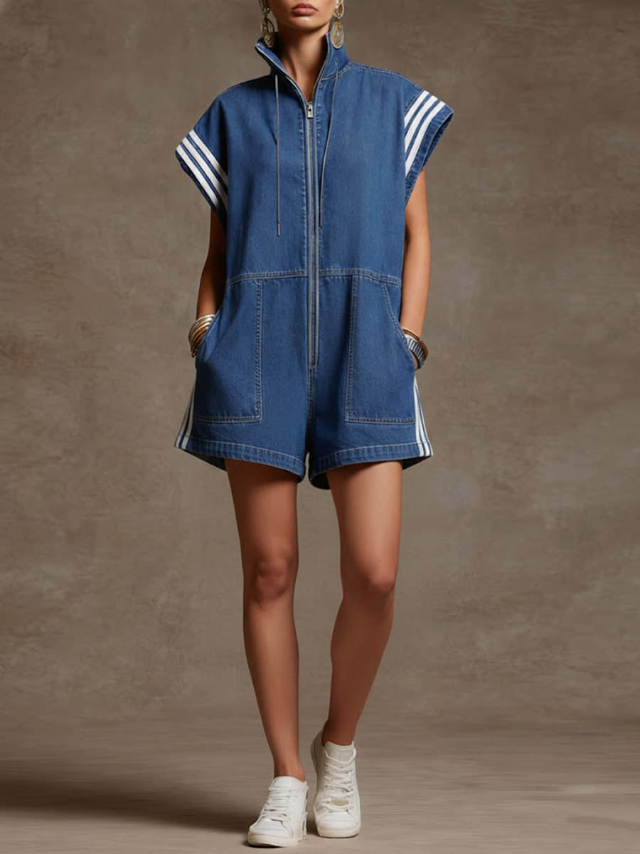 Loose Sleeveless Contrast Color Drawstring Pockets Split-Joint Striped Zipper Stand Collar Rompers