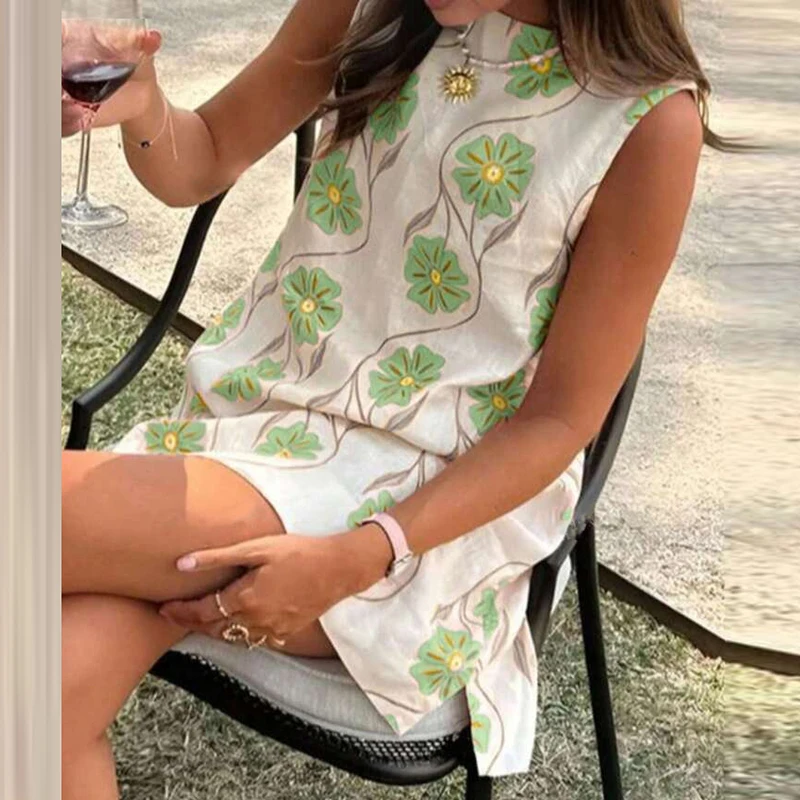Elegant O-neck Sleeveless Loose Mini Dress 2025 Women Fashion Flower Print Holiday Party Dress Summer Casual Bohemian Vest Dress