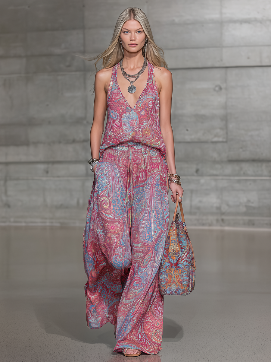 Fashionable And Casual Printed V-neck Sleeveless Chiffon Trouser Set