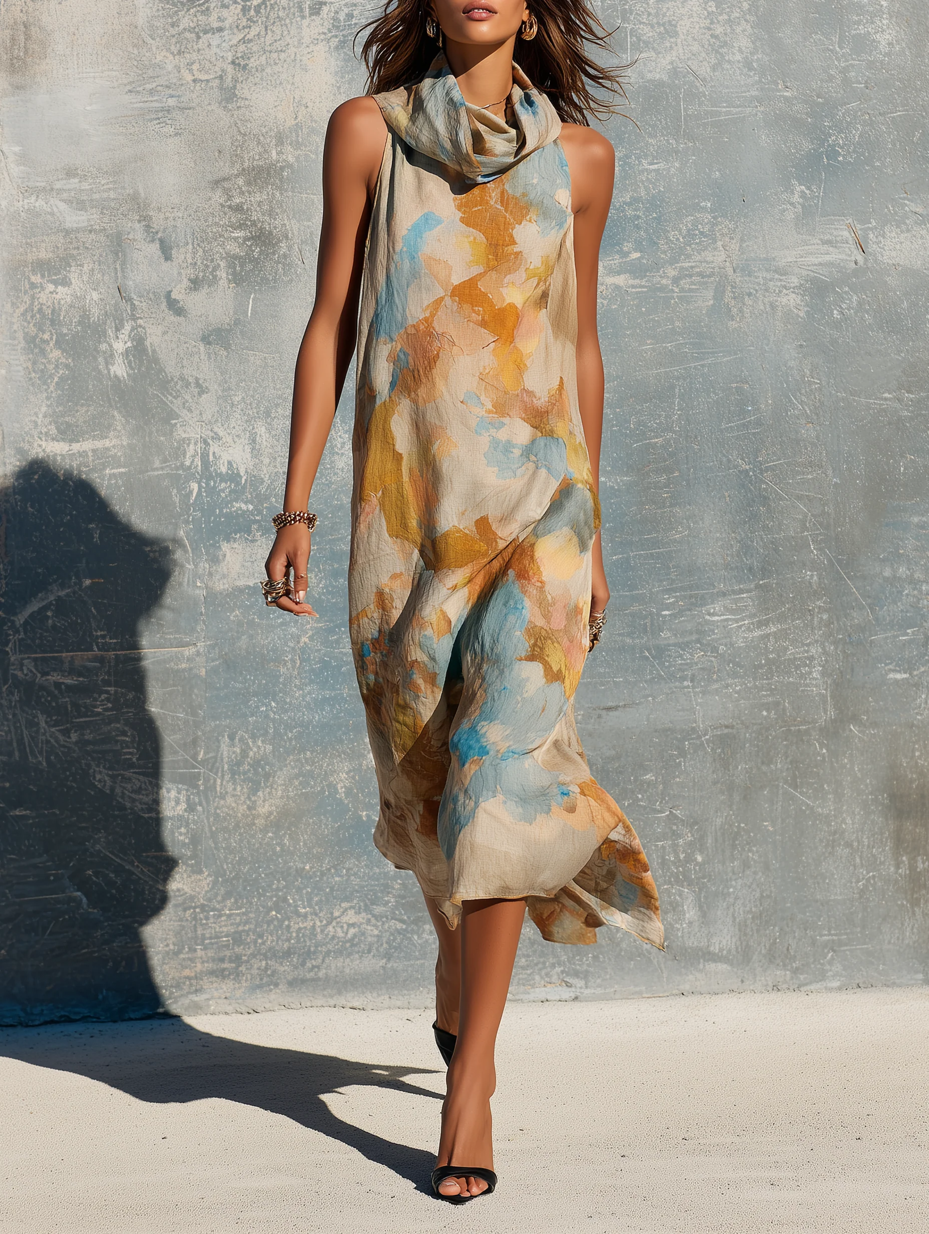 Bohemian-style Ink-wash Print Cowl-neck Sleeveless Dress
