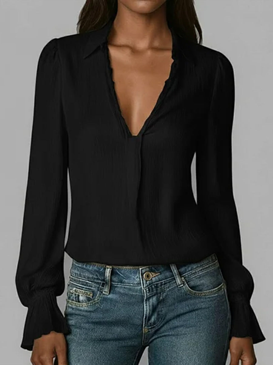 Women's Solid Color V-neck Long-sleeved Casual Loose Cotton Top