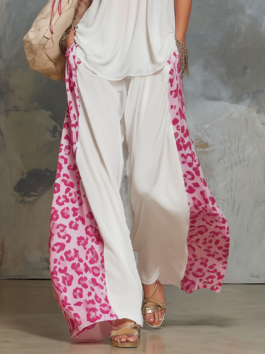 Chiffon V-neck Sleeveless Leopard Print Top And Pants Set