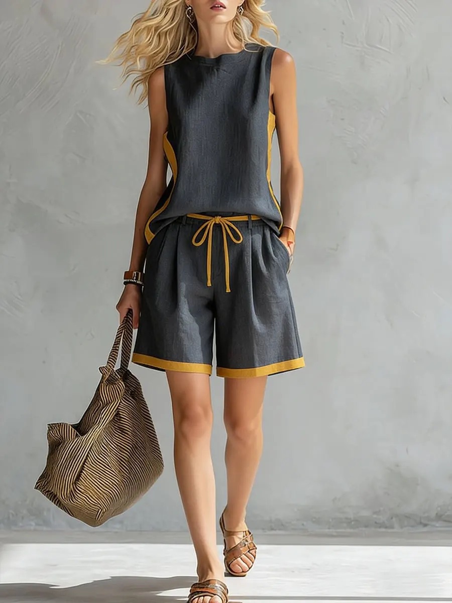 Solid Color Loose Casual Vest and Shorts Set