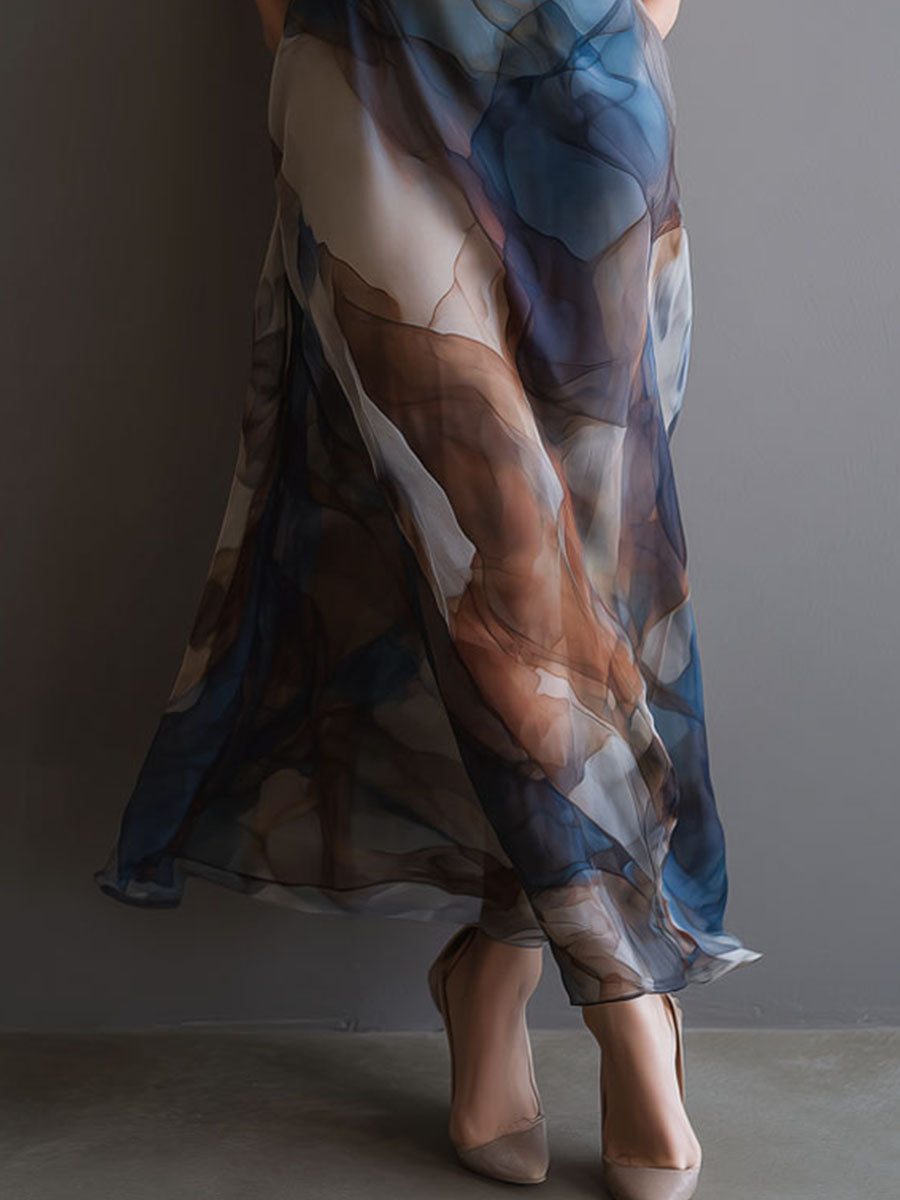 Retro Abstract Print Watercolor Chiffon Slip Maxi Dress