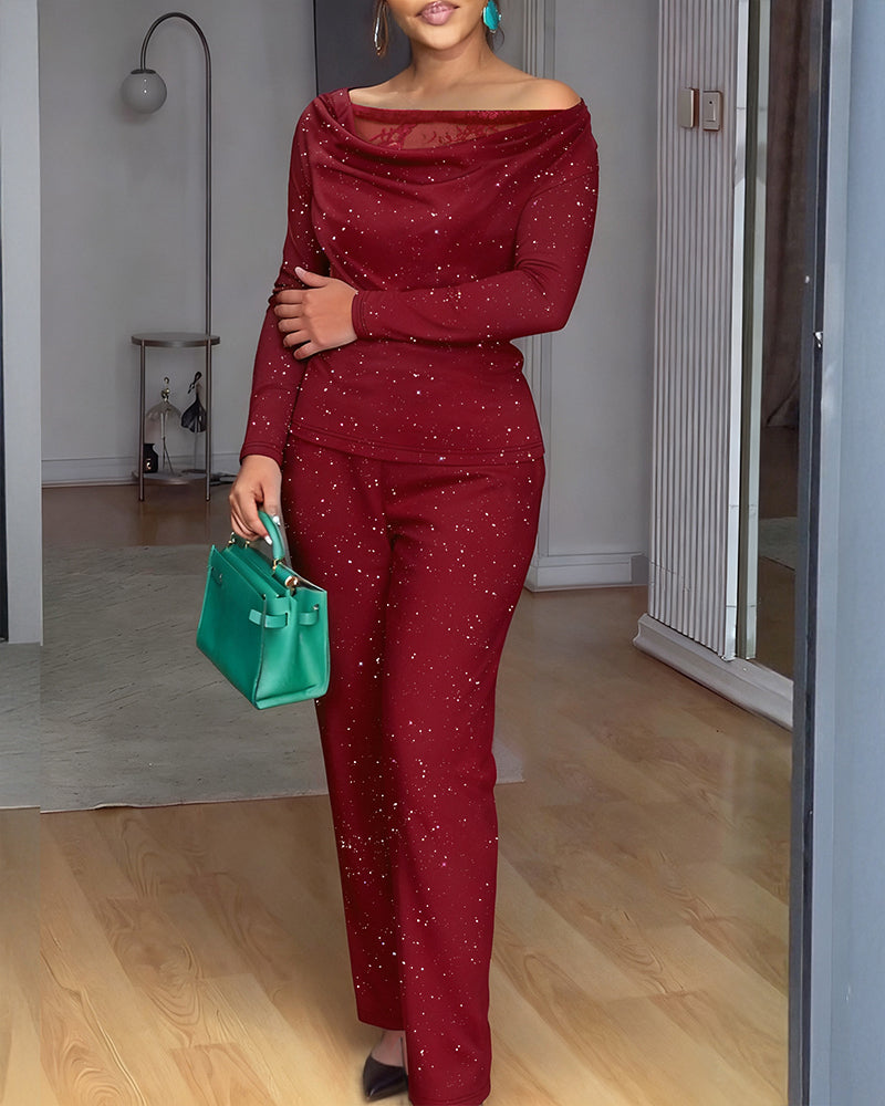 2 Pieces Outfit Cowl Neck Lace Spliced Long Sleeve Top and Elastic Waist Wide Leg Pants Set Casual Glitter Set