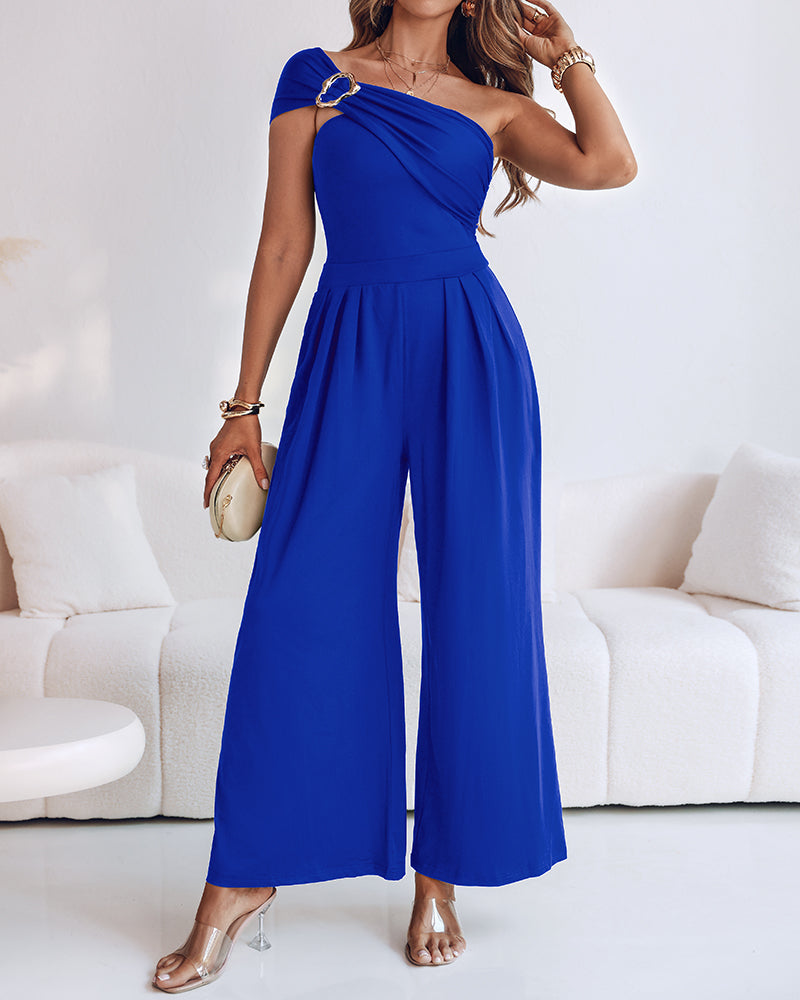 Cold Shoulder Ruched Buckle Wide Leg Jumpsuit