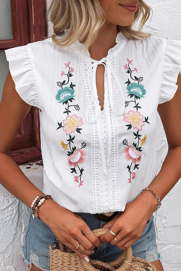 Fashion Embroidery Ruffle Sleeve Casual Tops