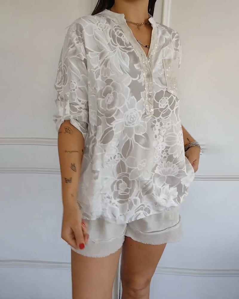 V-Neck Button-Down Printed Blouse