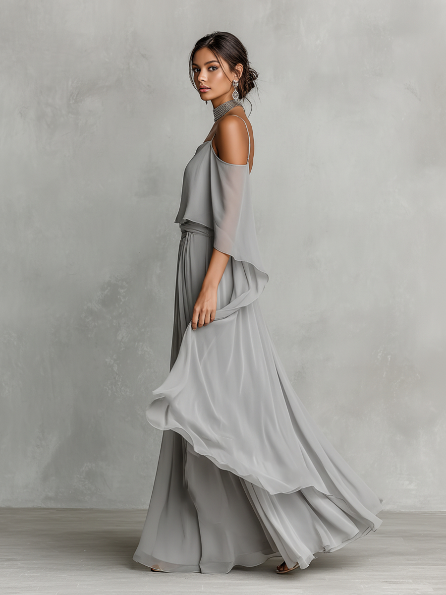 Women's Grey Breathable Chiffon Maxi Dress With Cold-Shoulder Detail & Flared Silhouette,
