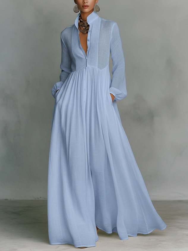 Casual Cotton Linen Maxi Dress High Waist Stand Collar Daily