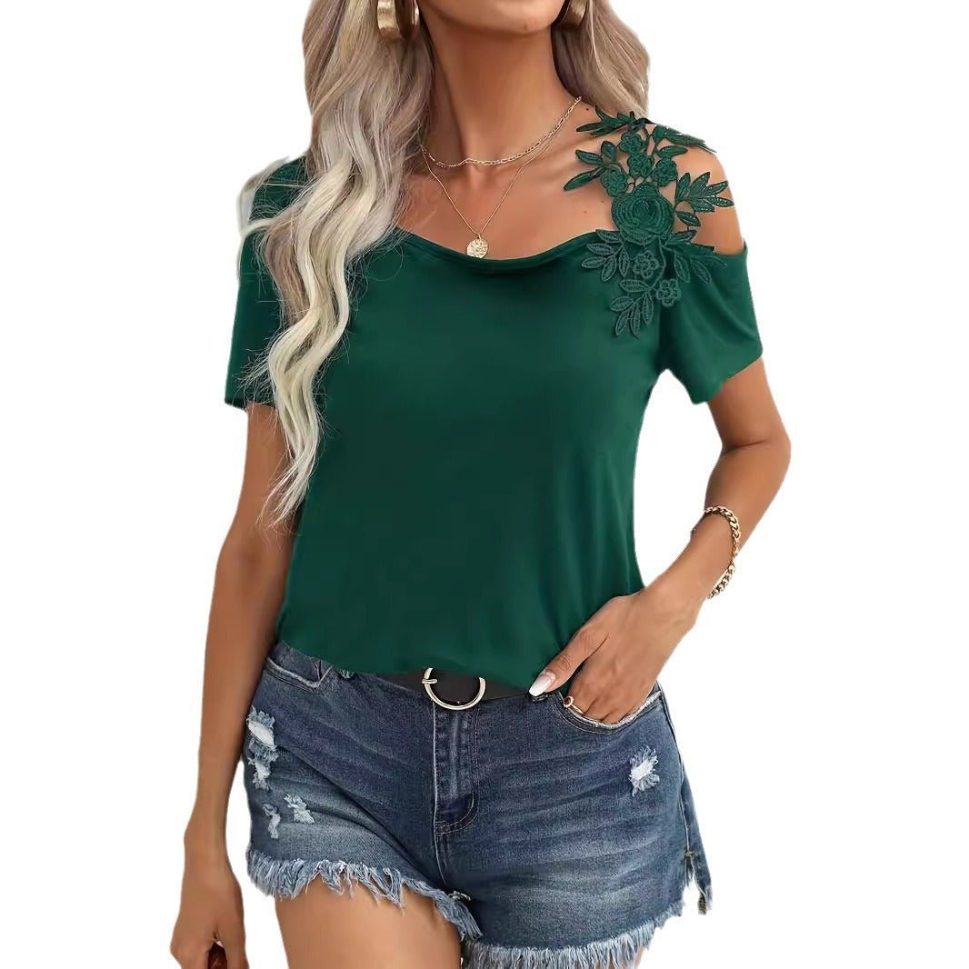 2025 summer new solid color stitching fashion lace T-shirt women's tops