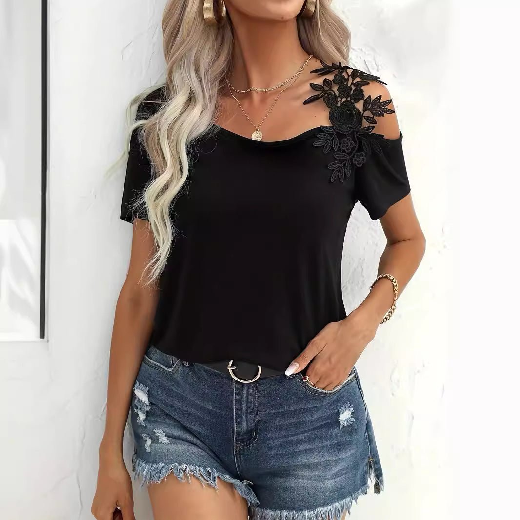 2025 summer new solid color stitching fashion lace T-shirt women's tops