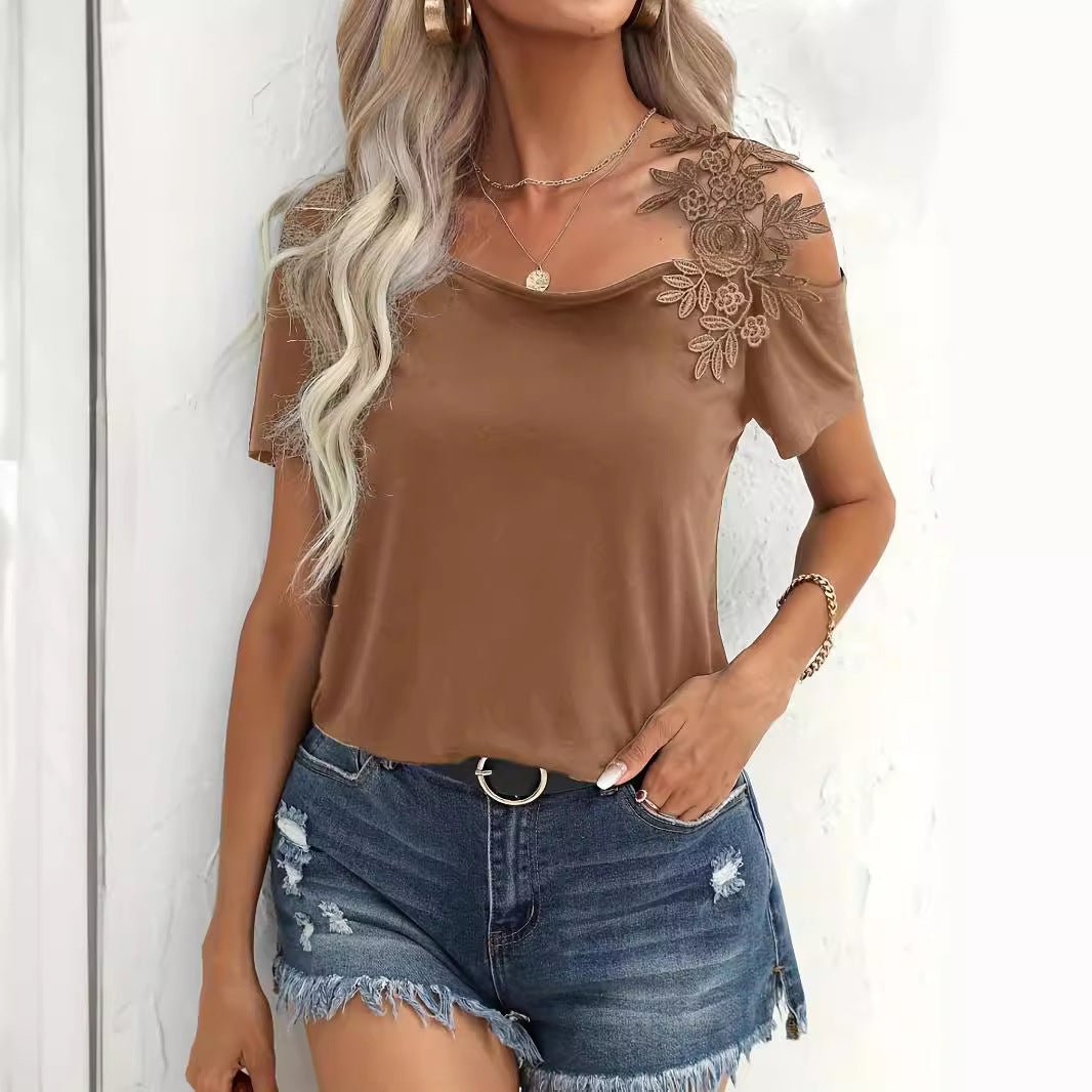 2025 summer new solid color stitching fashion lace T-shirt women's tops