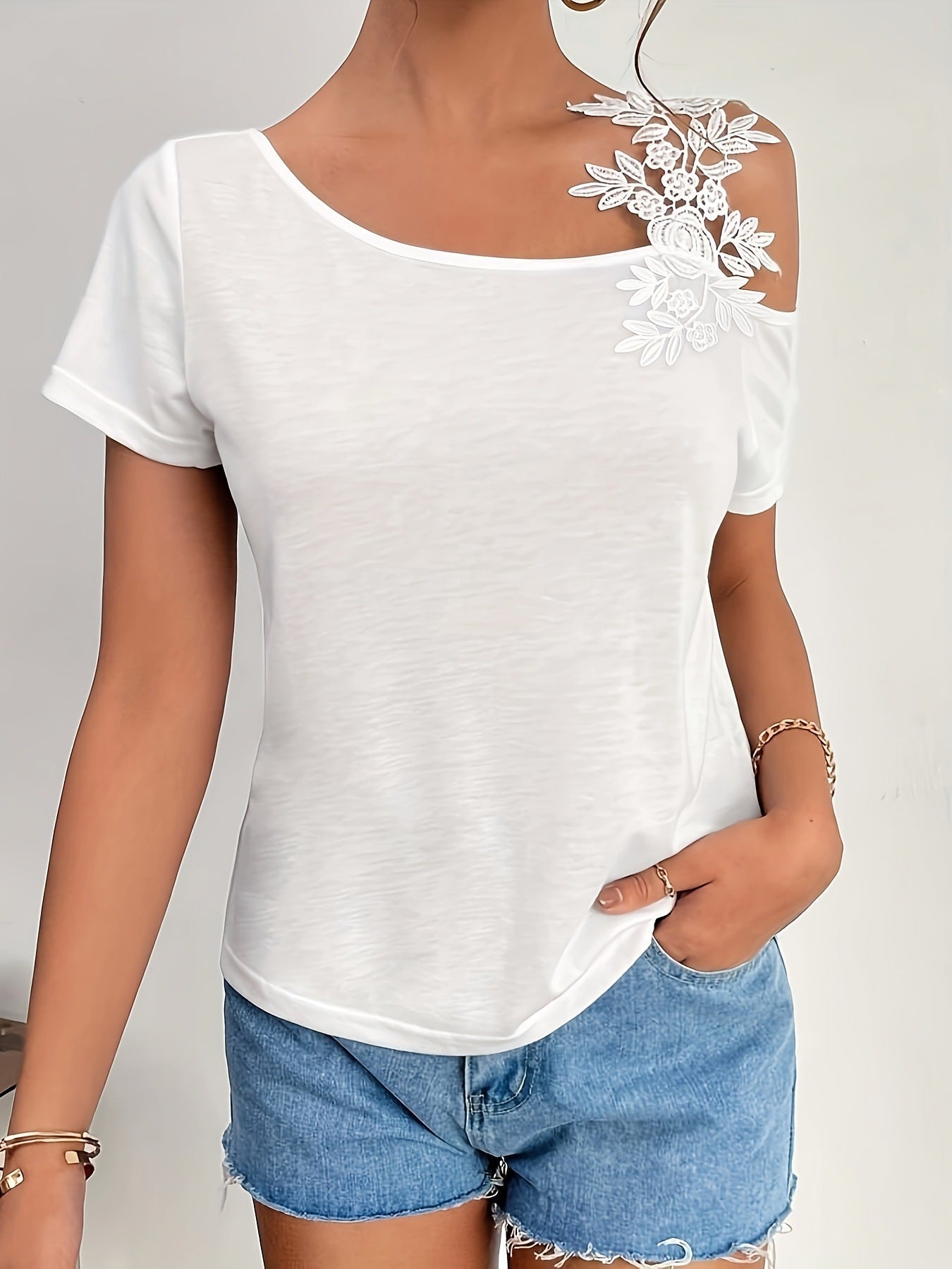 2025 summer new solid color stitching fashion lace T-shirt women's tops