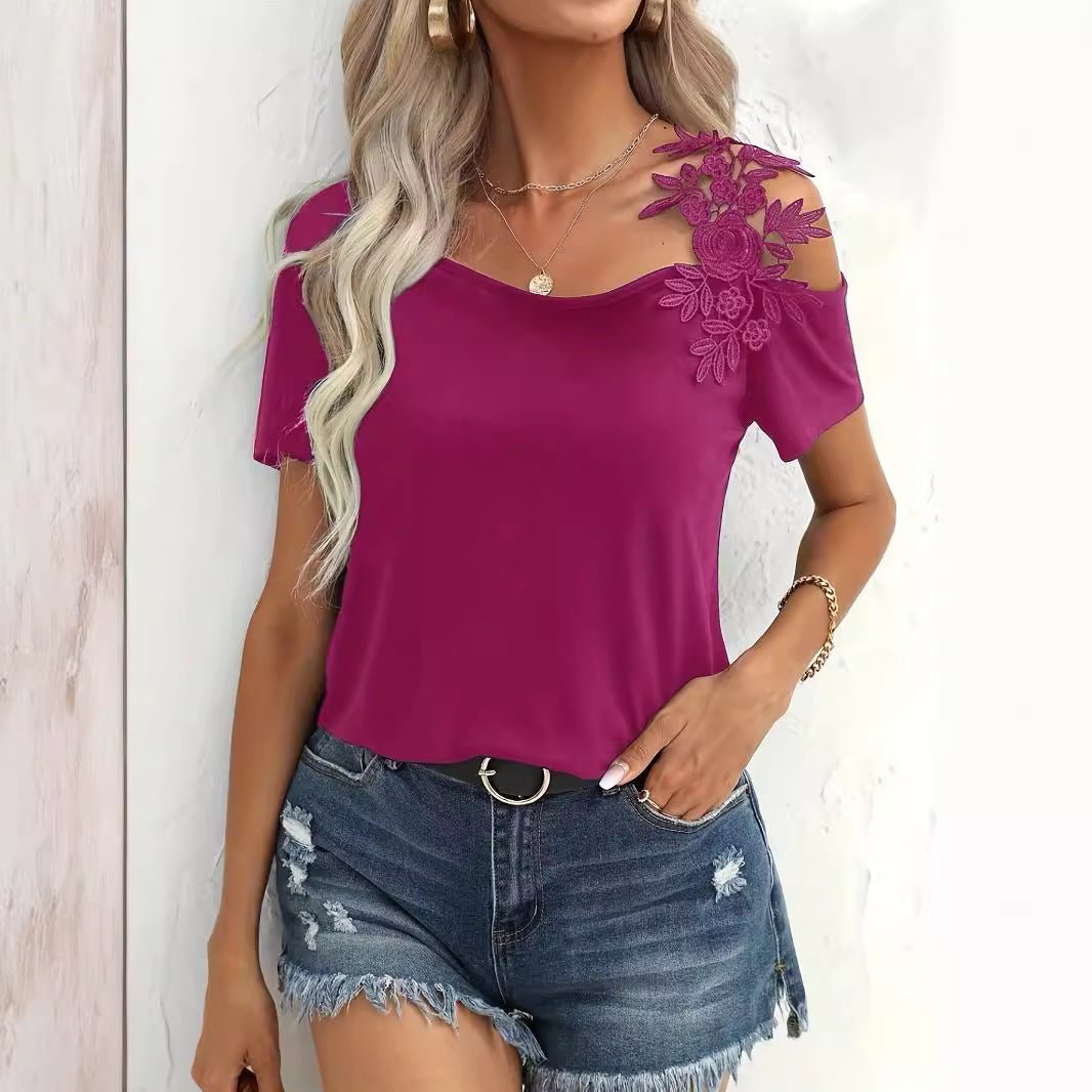 2025 summer new solid color stitching fashion lace T-shirt women's tops