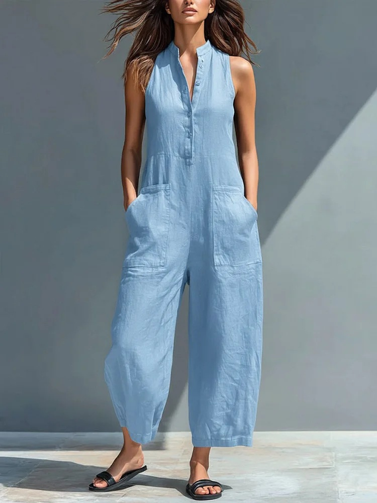Women's Minimalist Linen Blend Button-up Stand-collar Sleeveless Loose Jumpsuit