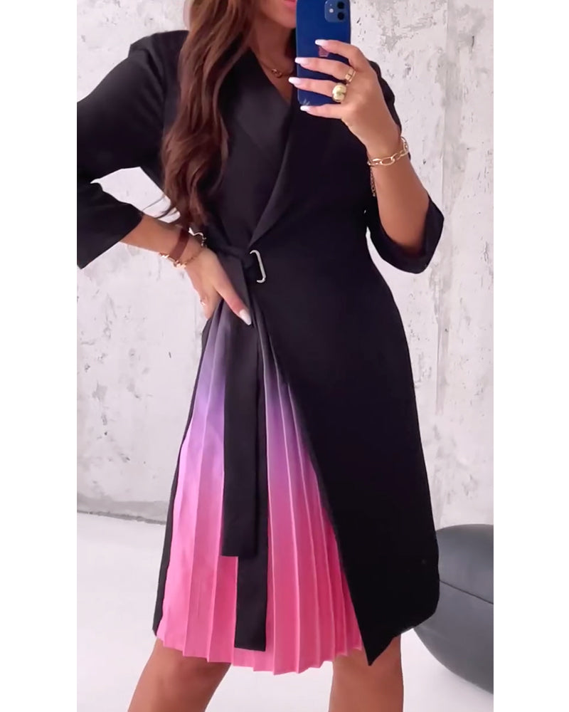 Fashionable lapel lace-up pleated dress