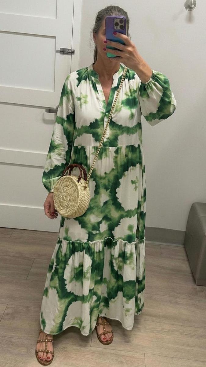 Green Long Sleeve V-Neck Maxi Dress