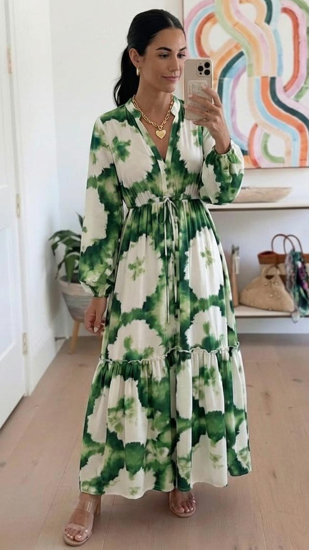 Green Long Sleeve V-Neck Maxi Dress