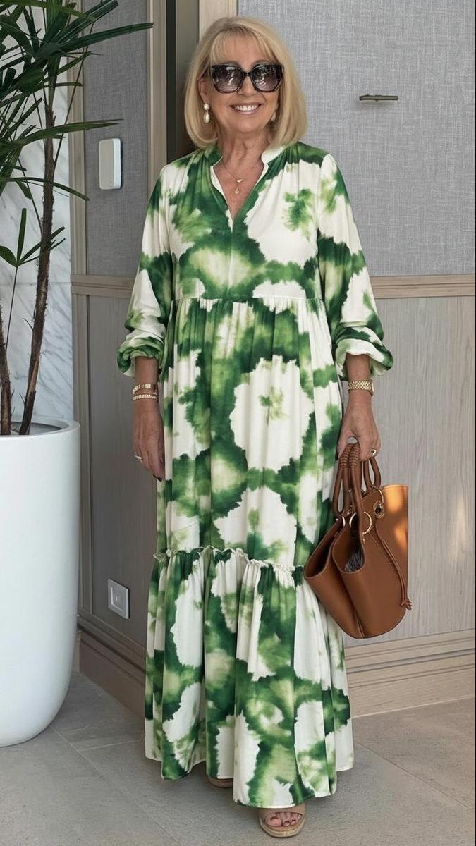 Green Long Sleeve V-Neck Maxi Dress