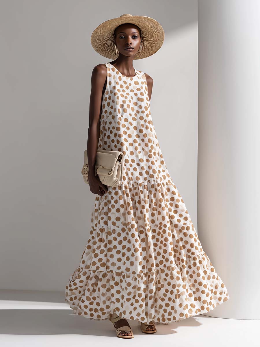 Fashionable Sophisticated Elegant Round Neck Sleeveless Polka Dot Printed Off-white Chiffon Vacation Maxi Dress