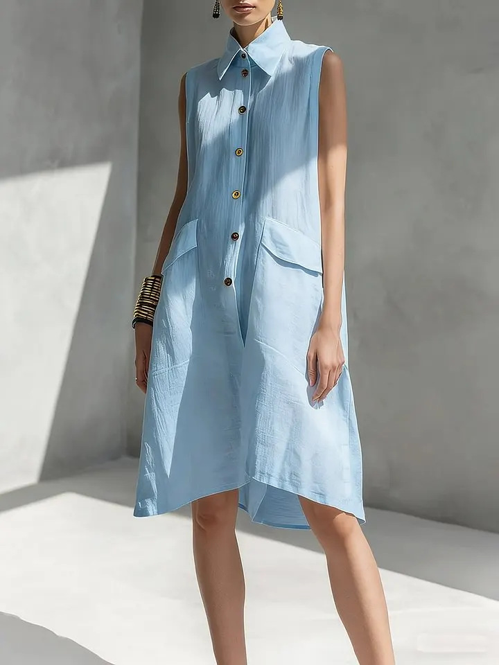 2026 Cross-Border Amazon European And American New Summer Solid Color Lapel Sleeveless Casual Loose Cotton Linen Dress