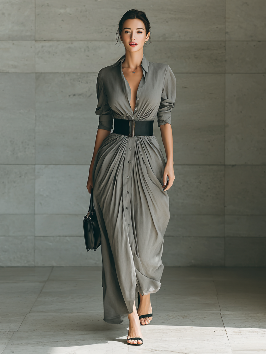 Ladies Lapel Long Sleeve Single Breasted Belt Maxi Dress
