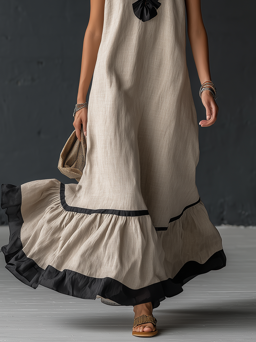 Stylish Simple Sleeveless Color-blocked Ruffled V-neck Cotton Linen Maxi Dress