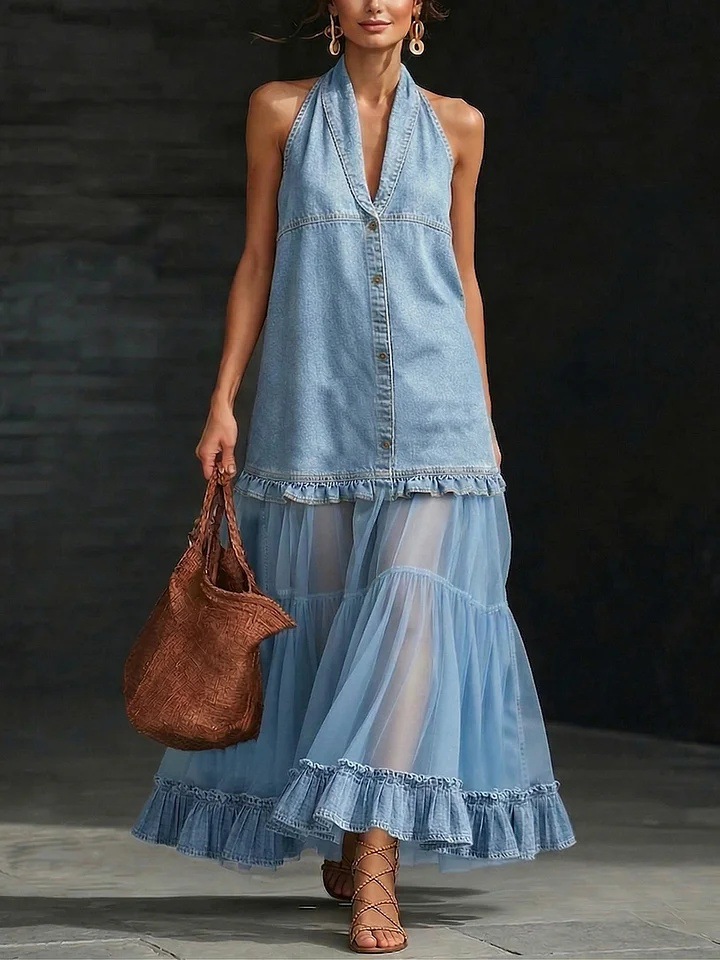 Stylish Elegant Organza Paneled Denim Maxi Dress