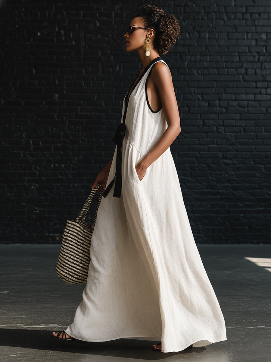 Bohemian Style White And Black Color Blocked Sleeveless V-neck Maxi Dress
