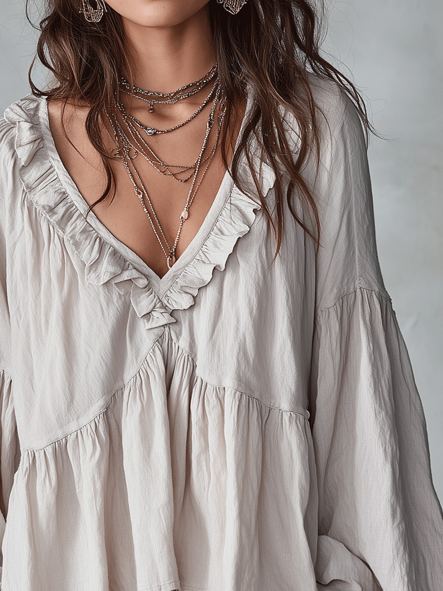 Airy Vintage-Inspired Ruffle Soft Ruffle Bohemian Blouse
