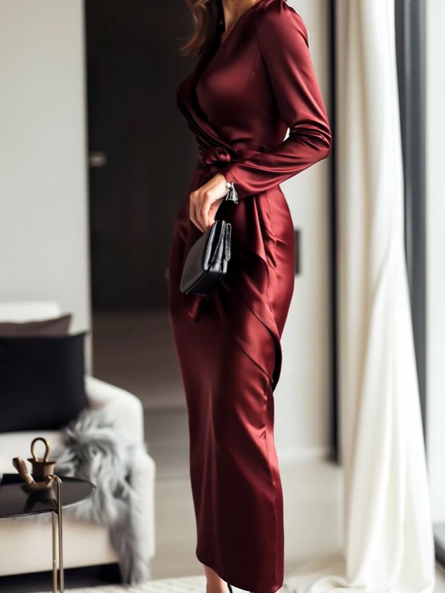 Elegant Plain Cross Neck Midi Dress With Belt