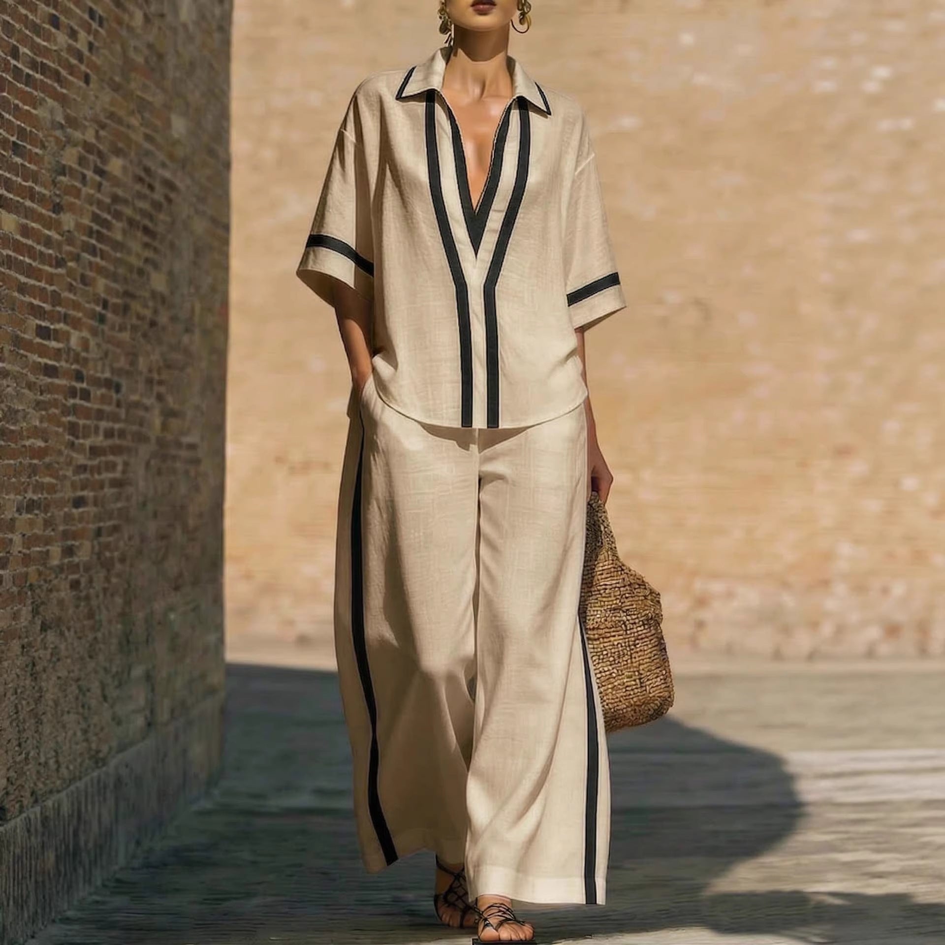 Fashionable Color-Block Two-Piece Set: Casual Short-Sleeve Shirt and Wide-Leg Pants