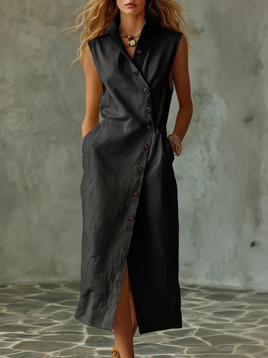 Sleeveless Linen-Blend Button-Down Midi Dress