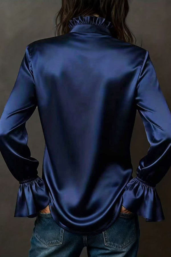 Solid Color Satin Casual Long-sleeved Button-down Shirt