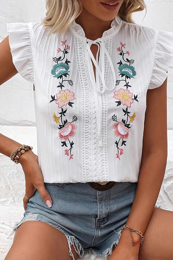 Fashion Embroidery Ruffle Sleeve Casual Tops